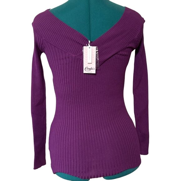 Candie's Purple Portrait Neckline Stretch Sweater Rayon Blend Junior Size M NWT - Picture 2 of 16